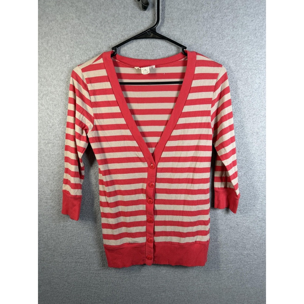 Derek Heart Cardigan Sweater Juniors Medium Red Striped V Neck Button 3/4 Sleeve